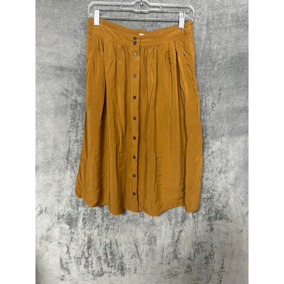 Forever 21 Camel Brown Button Front Midi Skirt M Rayon A Line Pockets Boho - Picture 8 of 15